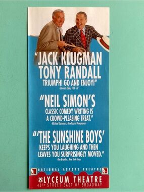 2 Sided Flyer The Sunshine Boys Jack Klugman Tony Randall 9”X4” Broadway 1998